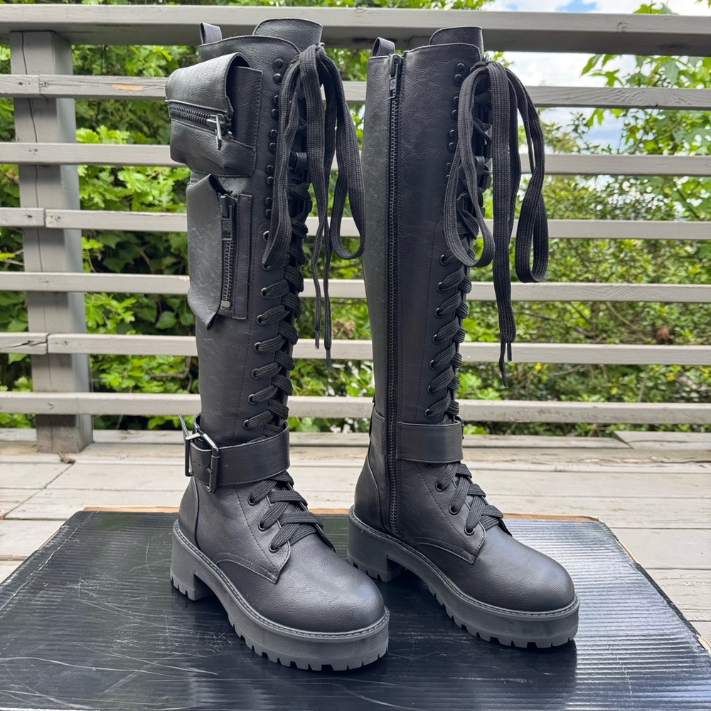 Current Mood Black Lace-Up Obsidian Pocket Combat Boots